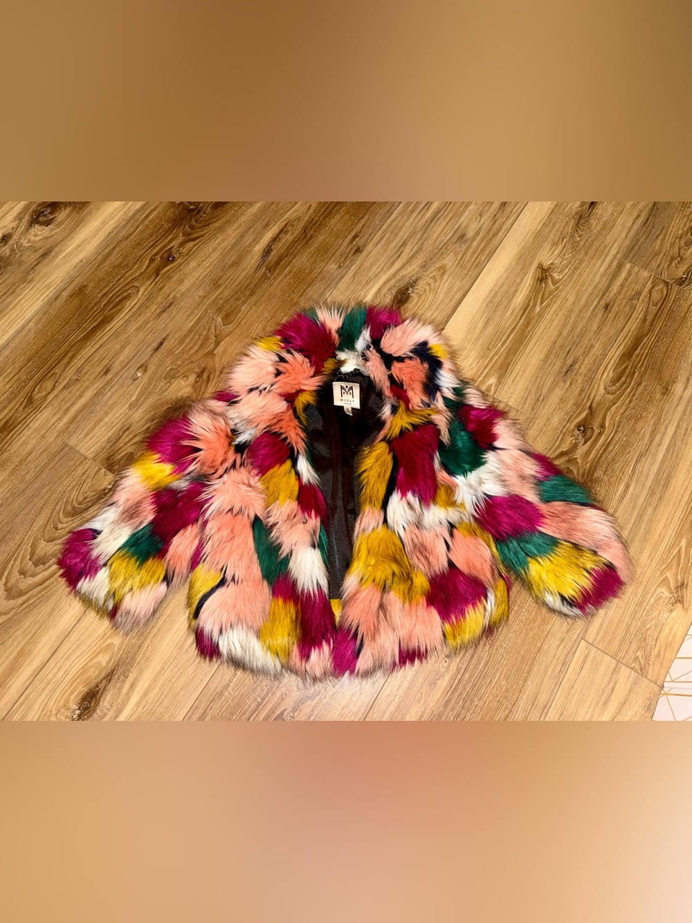 Milly Minis Multicolor Faux Fur Pea Coat in Pink, Yellow & Green